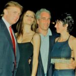 Photo of Donald Trump and Jeffrey Epstein standing together with women at a social event often discussed in reports about trump in epstein files