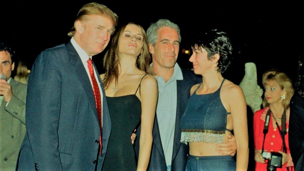 Photo of Donald Trump and Jeffrey Epstein standing together with women at a social event often discussed in reports about trump in epstein files