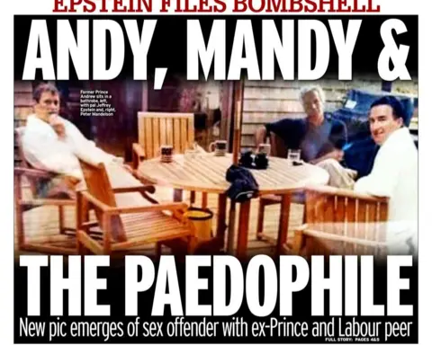 Epstein files photo showing Jeffrey Epstein sitting with Andrew Mountbatten-Windsor and Peter Mandelson as the Epstein files us-iran war topic trends worldwide